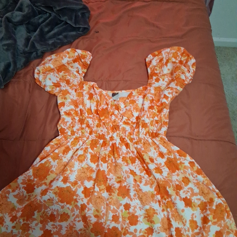 SHEIN Orange and White Ruffled Smocked Sundress